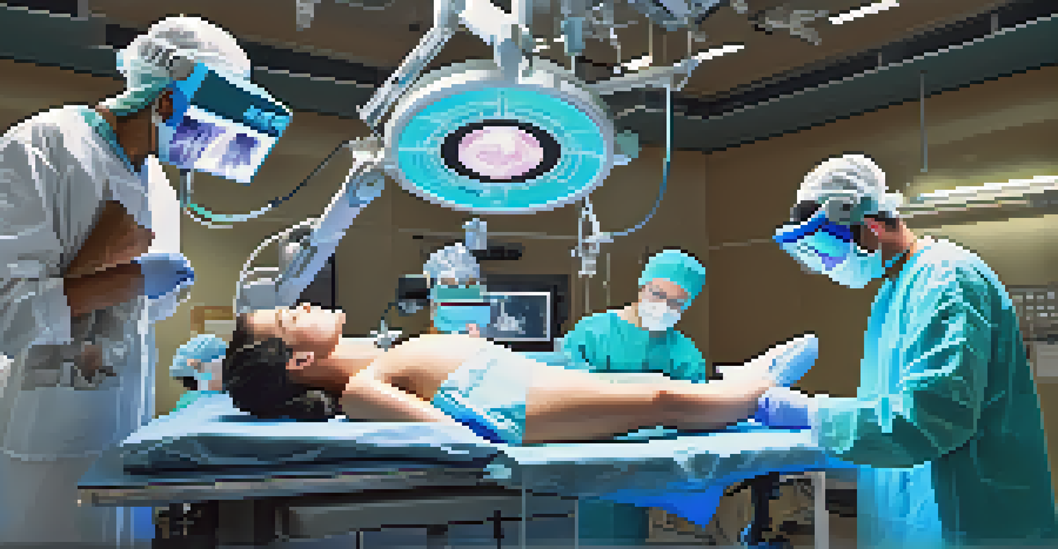 A surgeon practicing on a digital patient in a detailed virtual reality surgical room, complete with instruments and monitors.