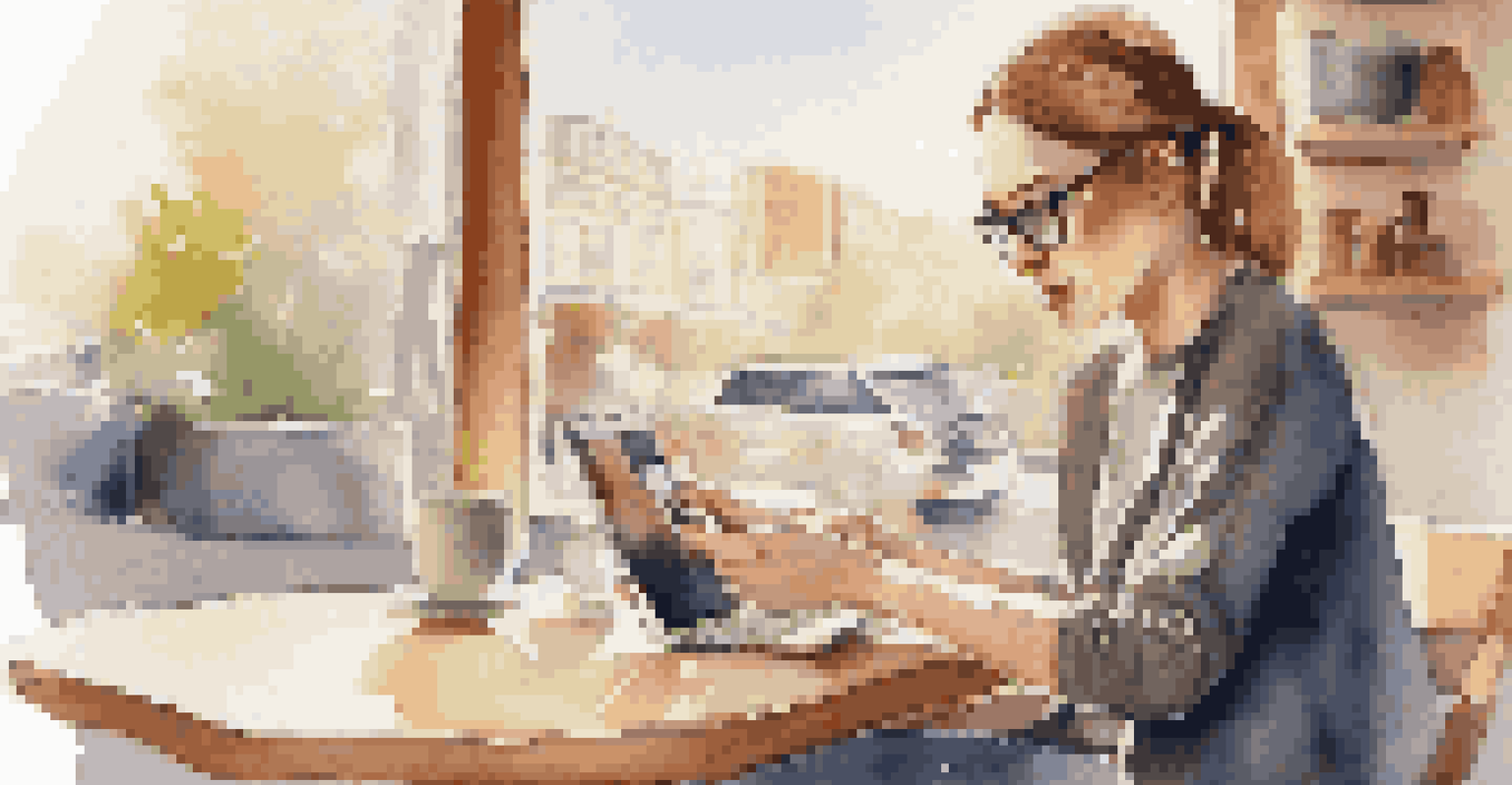 A close-up of a person using a smartphone for a voice search in a cafe, with a laptop and coffee cup on the table and sunlight streaming through the window.