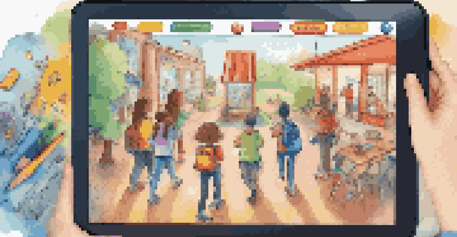 A tablet showing a colorful gamified educational app with students in the background engaged in collaborative learning.