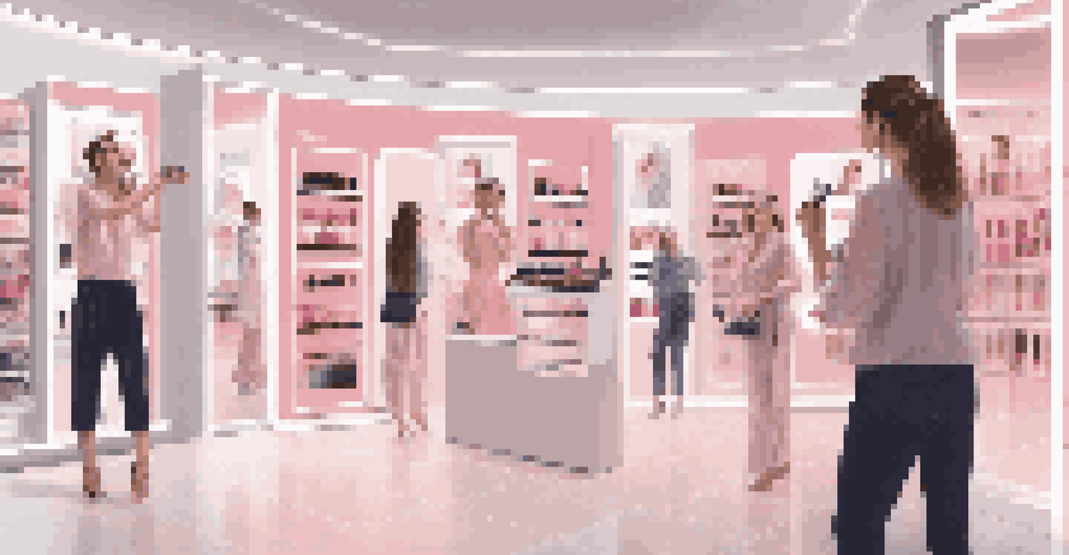 A customer trying on virtual makeup using an augmented reality mirror in a cosmetics store.