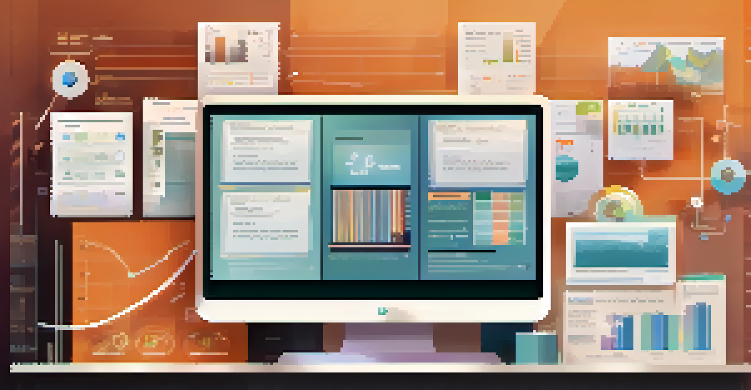 A digital interface showcasing knowledge management tools and software in a warm color scheme.