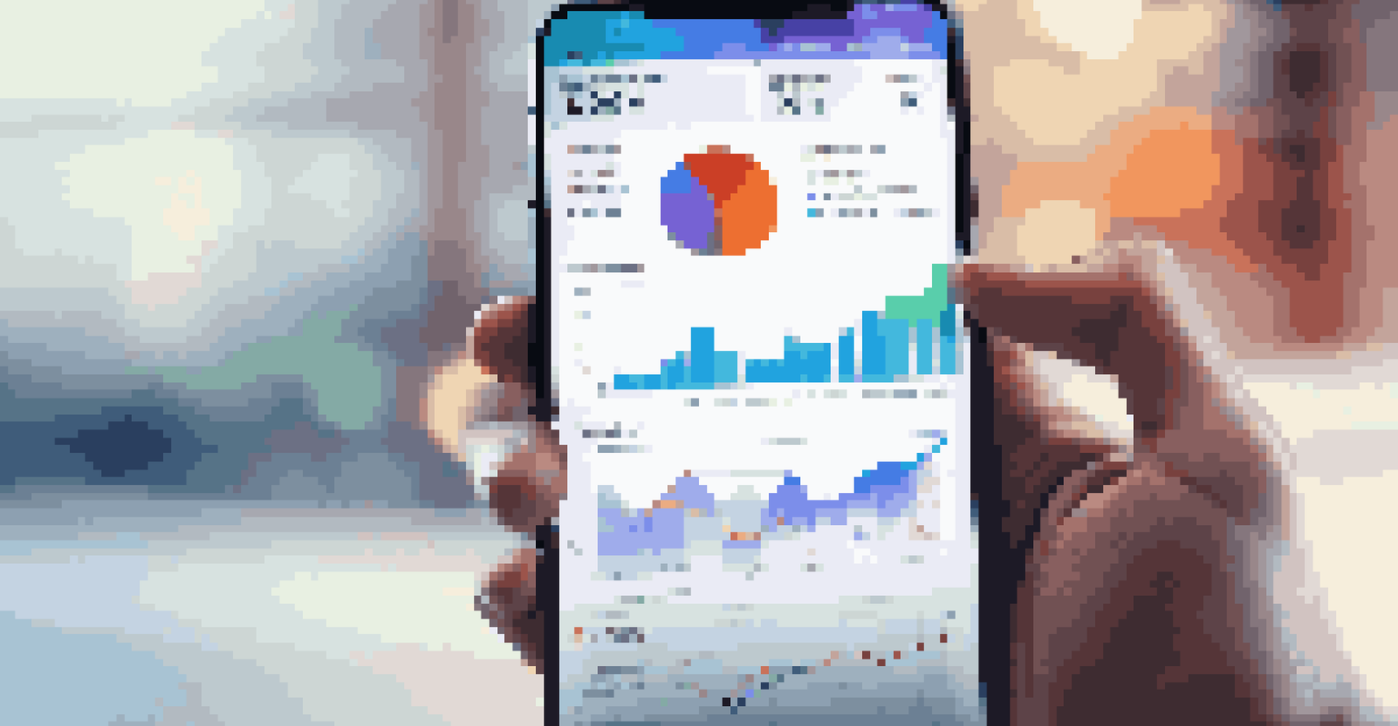 Close-up of a smartphone showing a social media analytics dashboard with colorful charts and statistics, set against a blurred office background.
