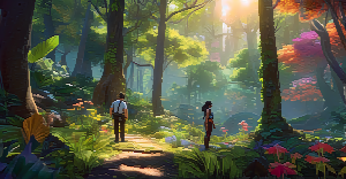 A colorful forest scene from a video game where a player interacts with a non-playable character, highlighting immersive gaming experiences.