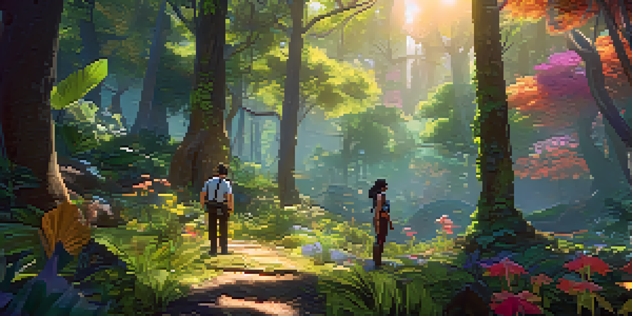 A colorful forest scene from a video game where a player interacts with a non-playable character, highlighting immersive gaming experiences.