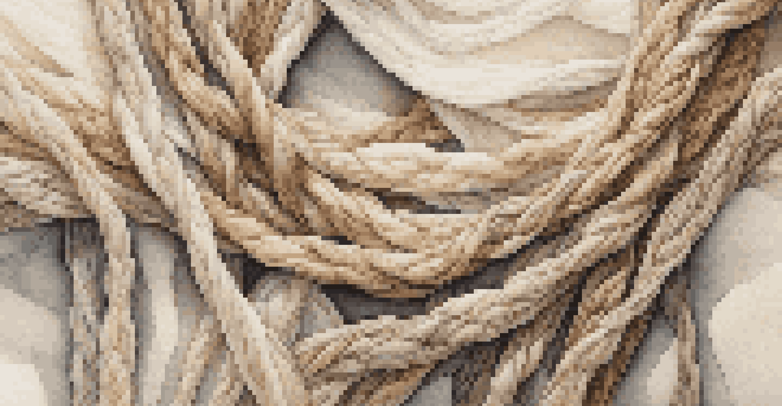 A close-up of natural fibers such as organic cotton and hemp, displaying their textures and colors against a neutral background.