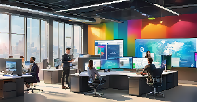 A contemporary office environment with diverse employees working together using advanced technology, emphasizing collaboration and digital transformation.