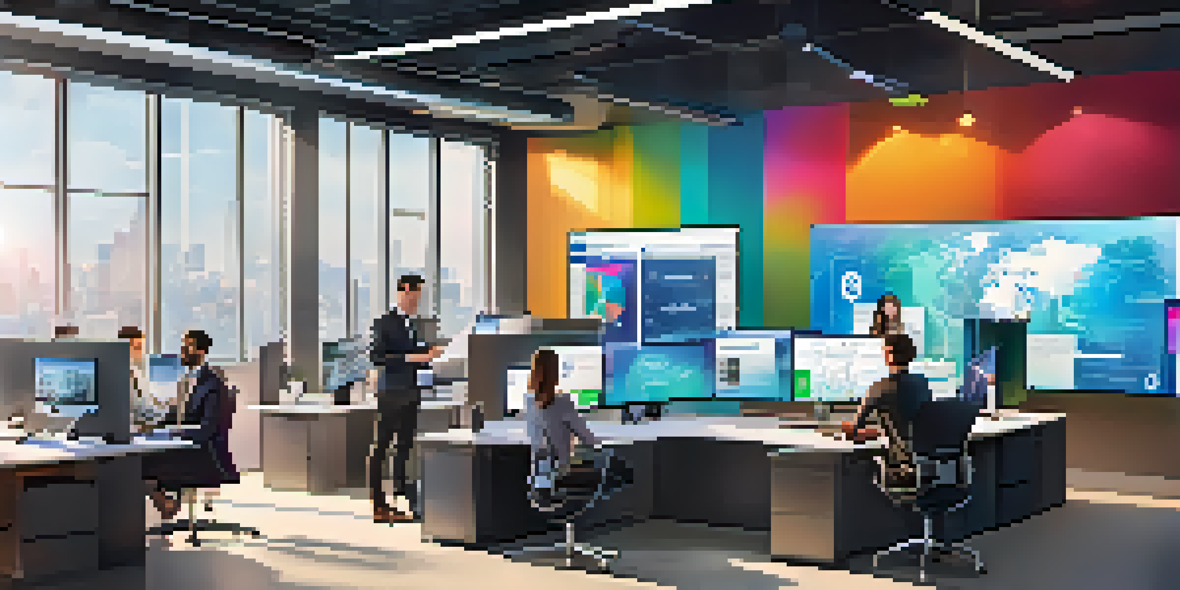 A contemporary office environment with diverse employees working together using advanced technology, emphasizing collaboration and digital transformation.