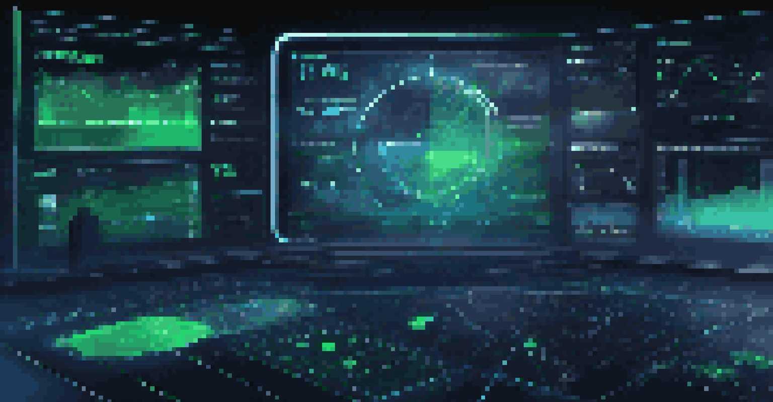 A futuristic digital dashboard displaying glowing metrics and predictive analytics in a dark environment with neon accents.