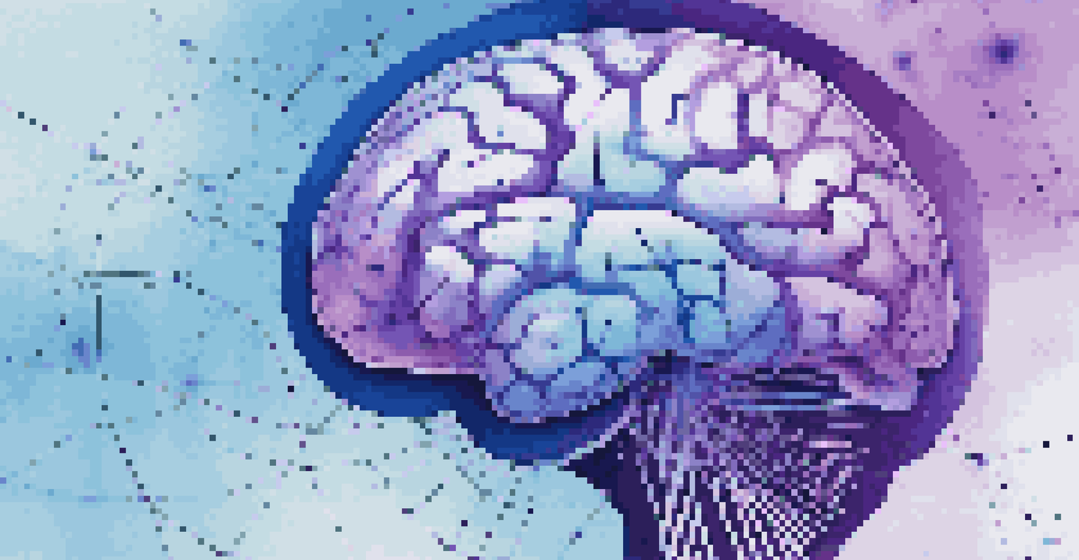 An abstract digital brain with interconnected nodes and data streams, set against a blue and purple gradient background.