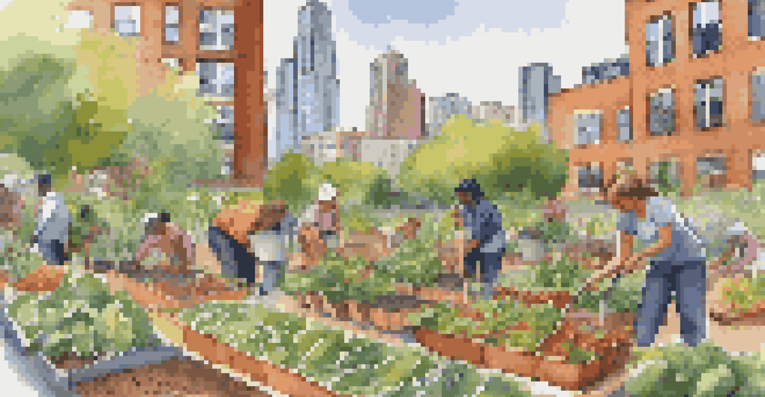 A close-up of a vibrant community garden in the city, with diverse people planting and harvesting amidst tall buildings.