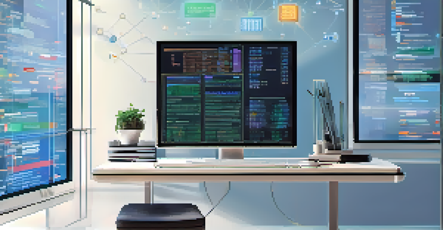 A computer screen showing code and tokenization with floating icons in a modern office setting.