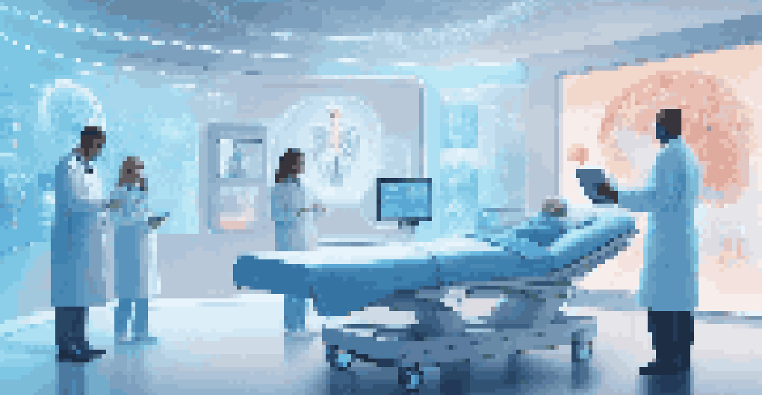 Healthcare professionals analyzing a holographic digital twin of a patient, surrounded by blockchain security visuals.