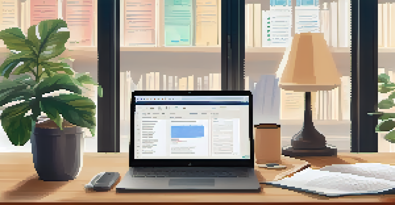 A computer screen displaying an organized digital library interface, with a cozy workspace set up in the background.