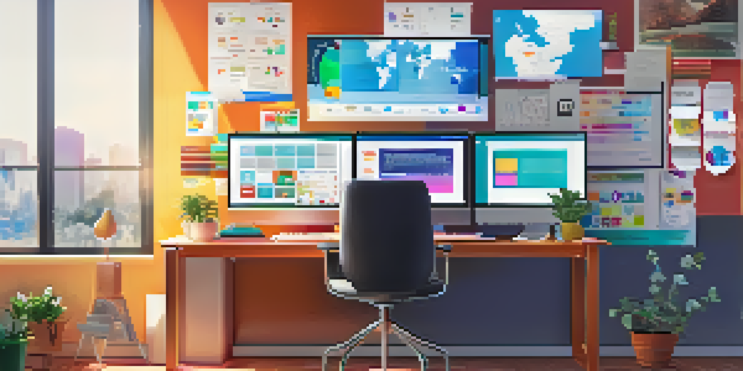 A bright workspace with a laptop showcasing social media analytics, colorful charts, and motivational posters.