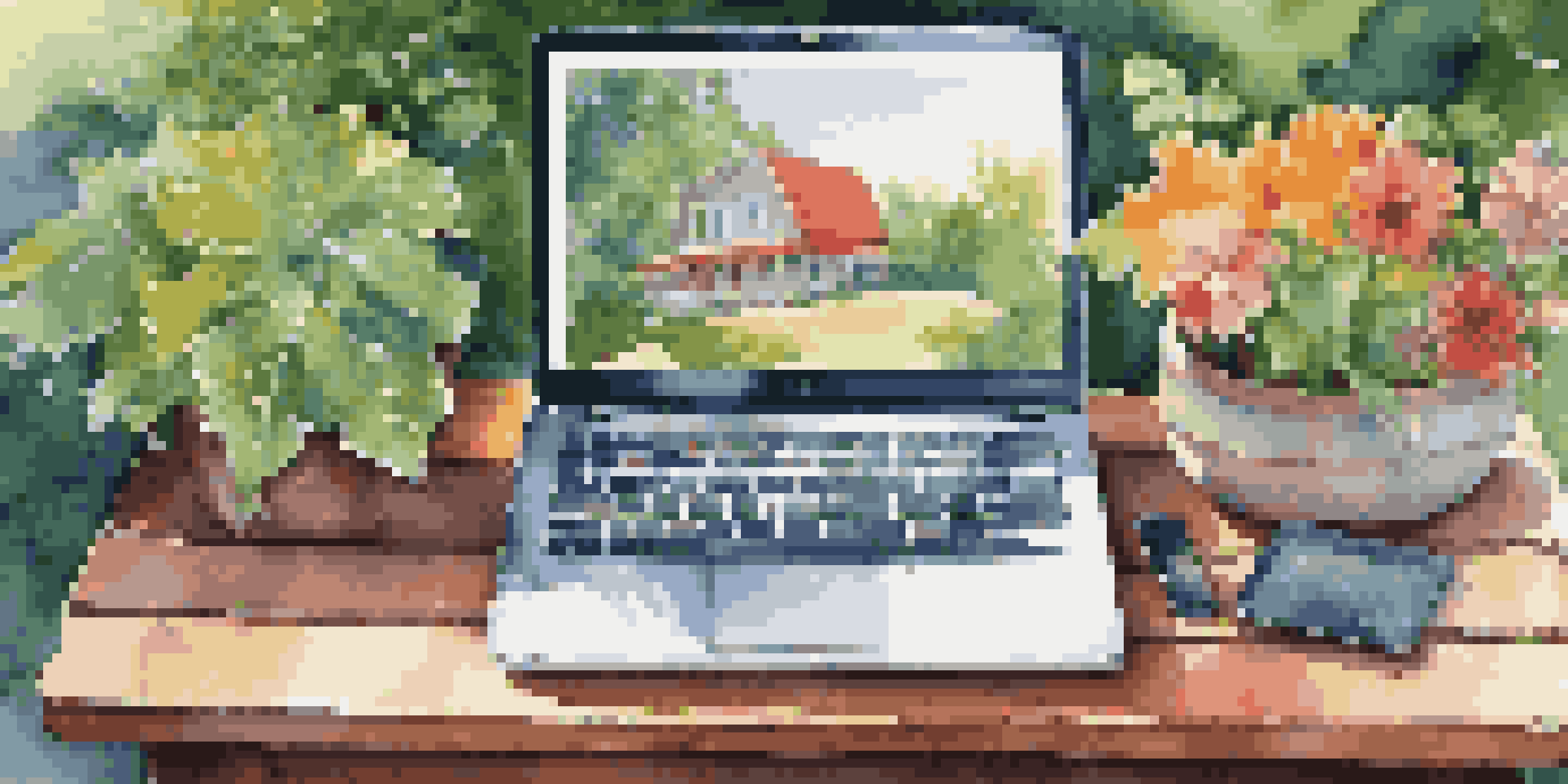 A laptop on a wooden table in a garden, surrounded by greenery and flowers, with colorful social media ads visible on the screen.
