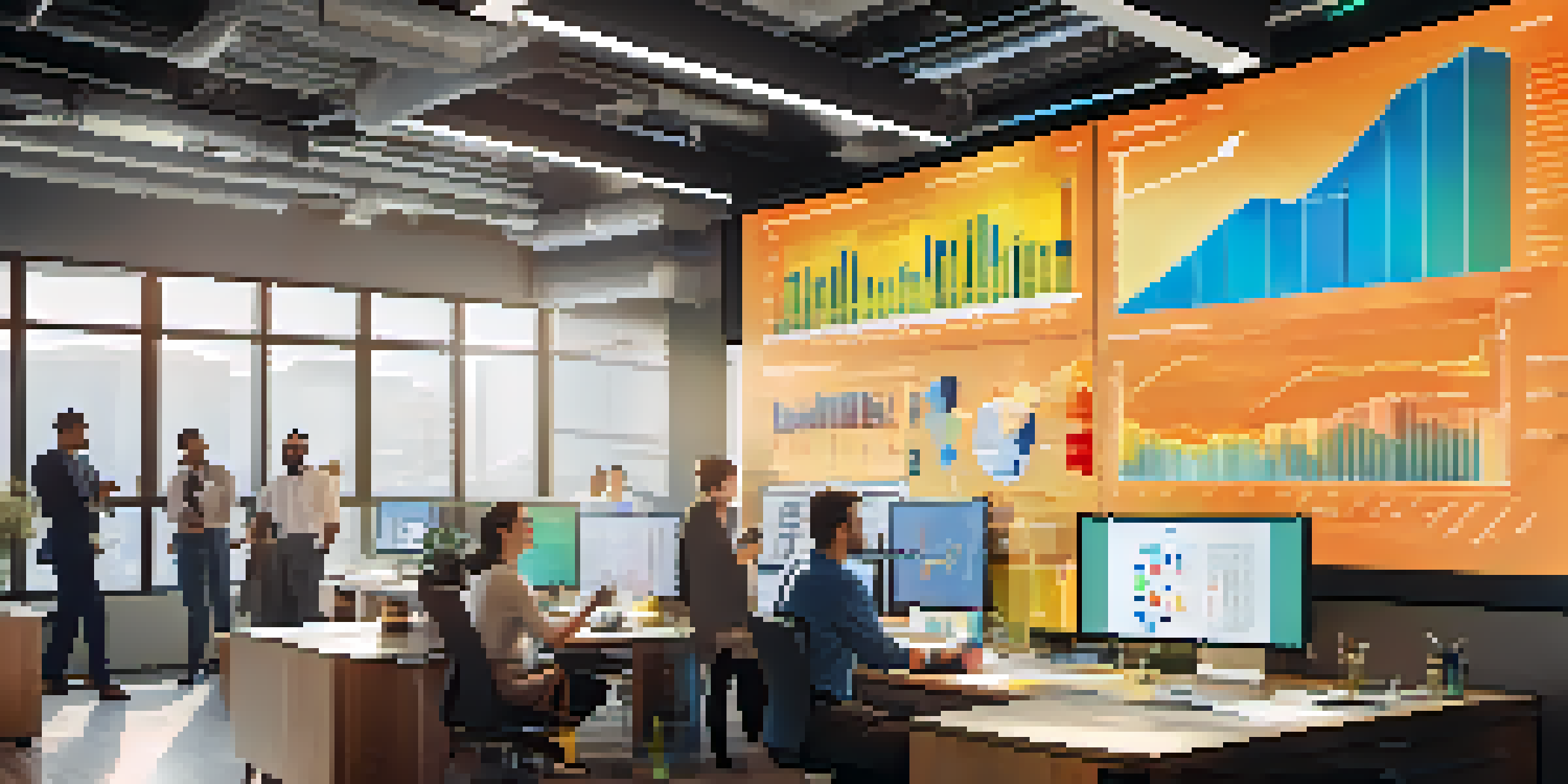 A diverse group of professionals in an office collaborating over a large data visualization dashboard filled with colorful charts and graphs.