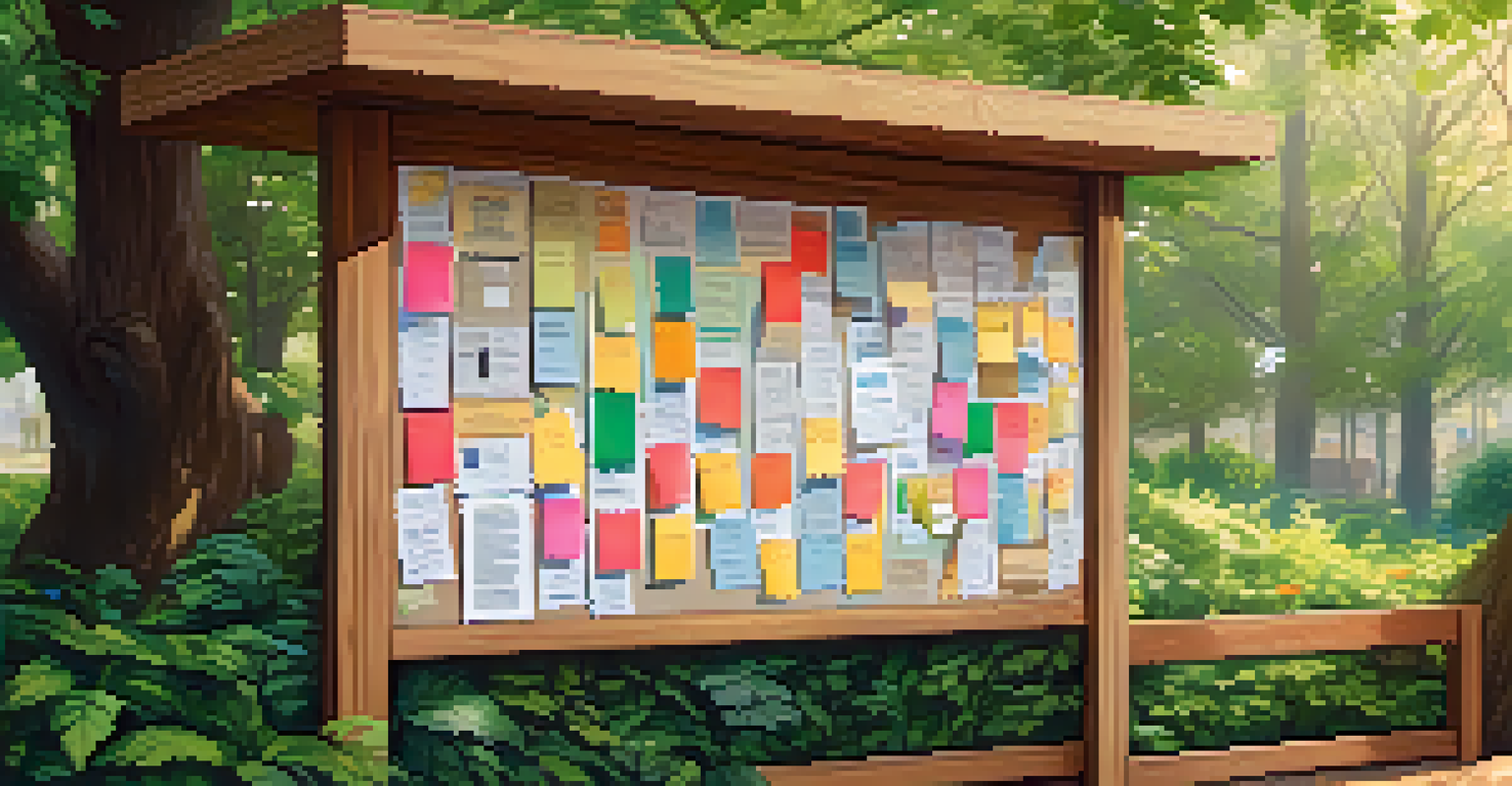 A community bulletin board filled with colorful notes about blockchain technology, surrounded by greenery and soft sunlight.