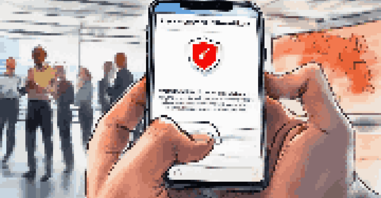 A close-up of a smartphone showing a cybersecurity alert notification, with an office environment in the background.