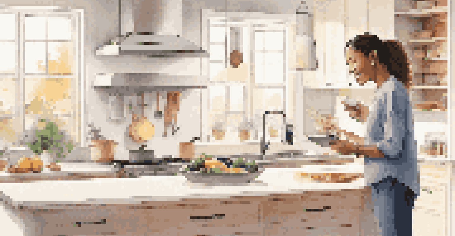 A person using voice commands to control smart devices in a bright kitchen while cooking.