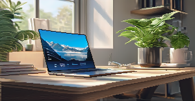 A modern workspace with a laptop displaying a digital assistant interface, a potted plant, and a coffee mug on a wooden desk, illuminated by natural light.