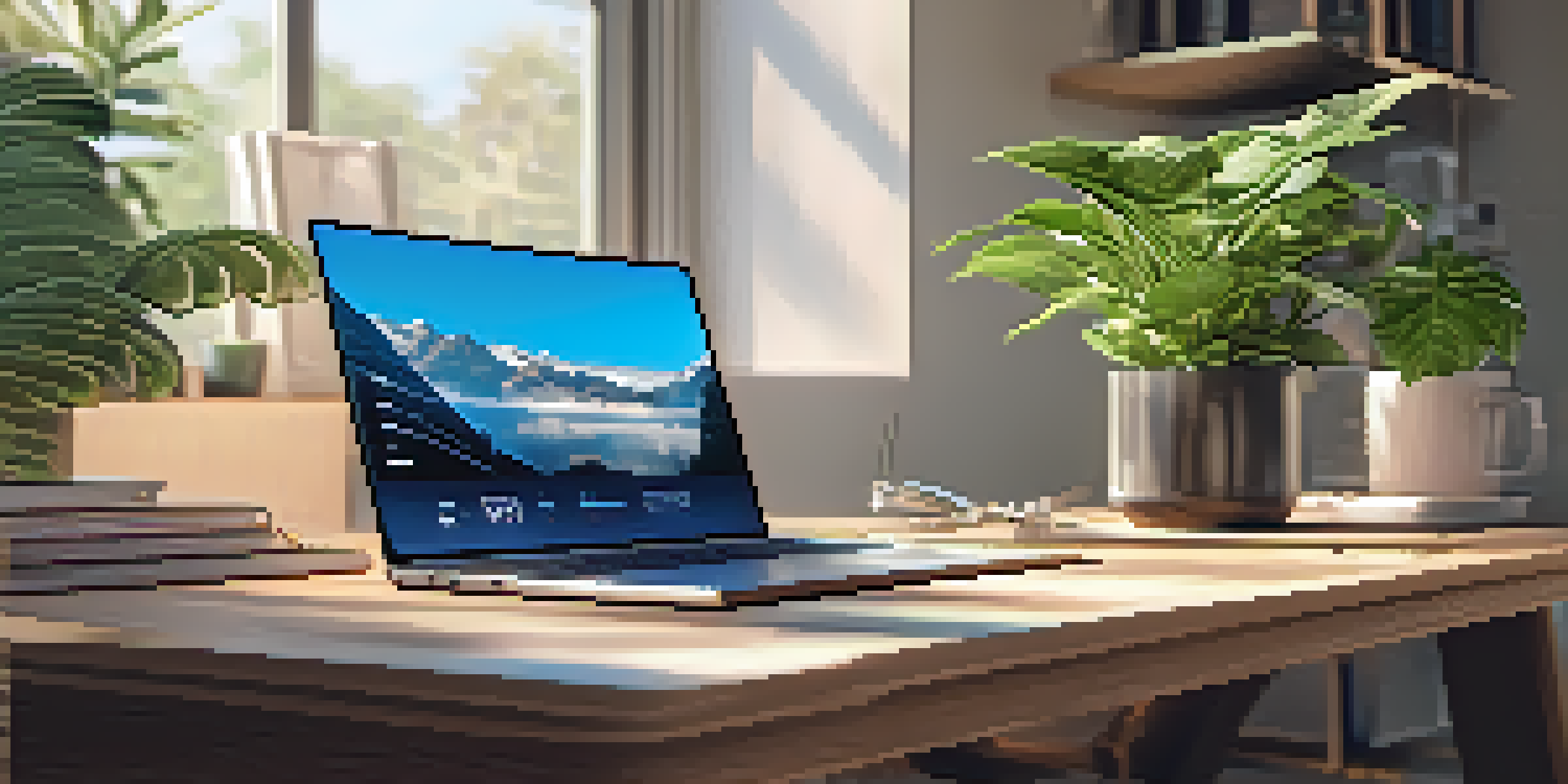A modern workspace with a laptop displaying a digital assistant interface, a potted plant, and a coffee mug on a wooden desk, illuminated by natural light.