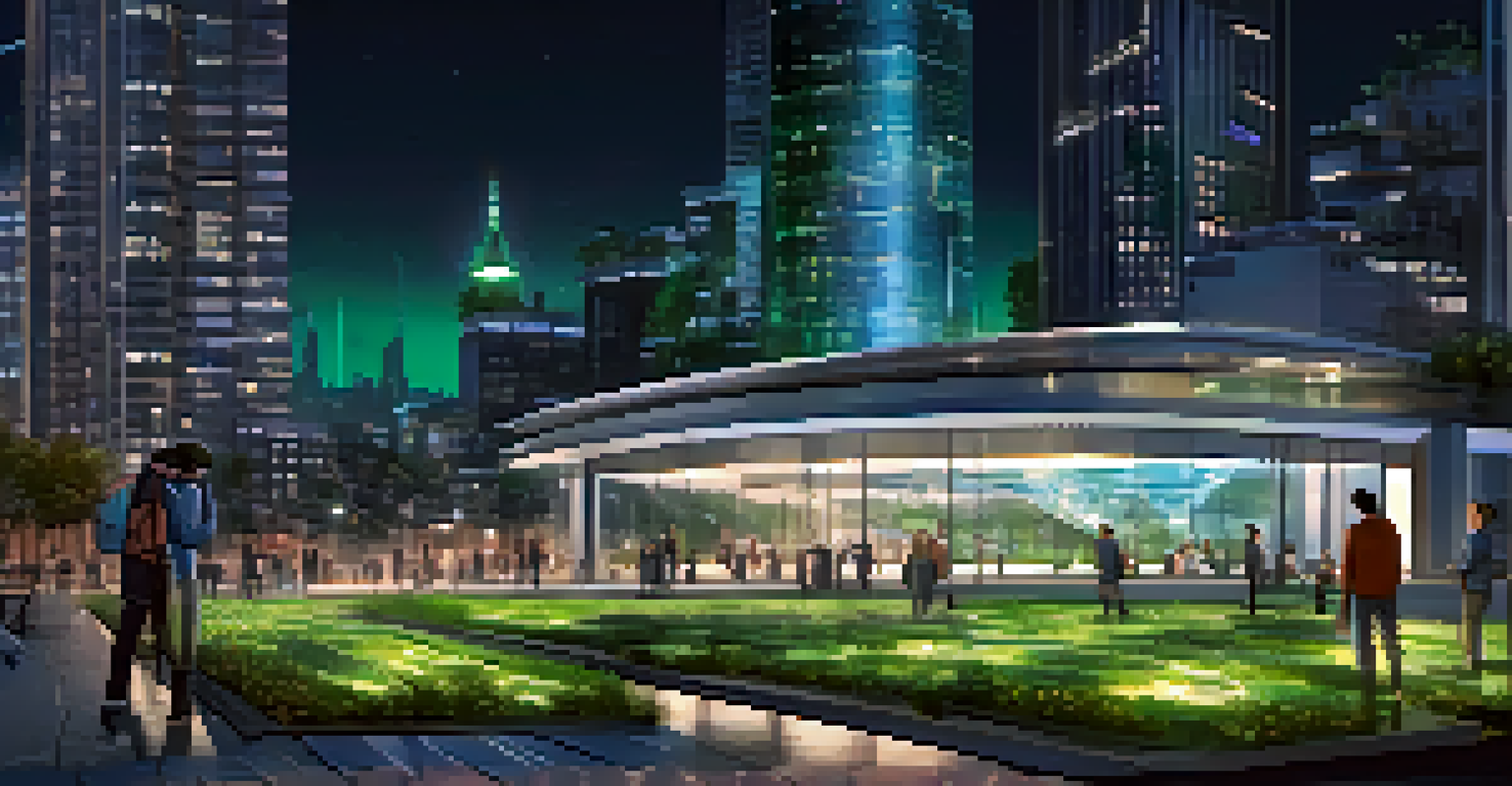 A night view of a futuristic city with smart streetlights and green skyscrapers.