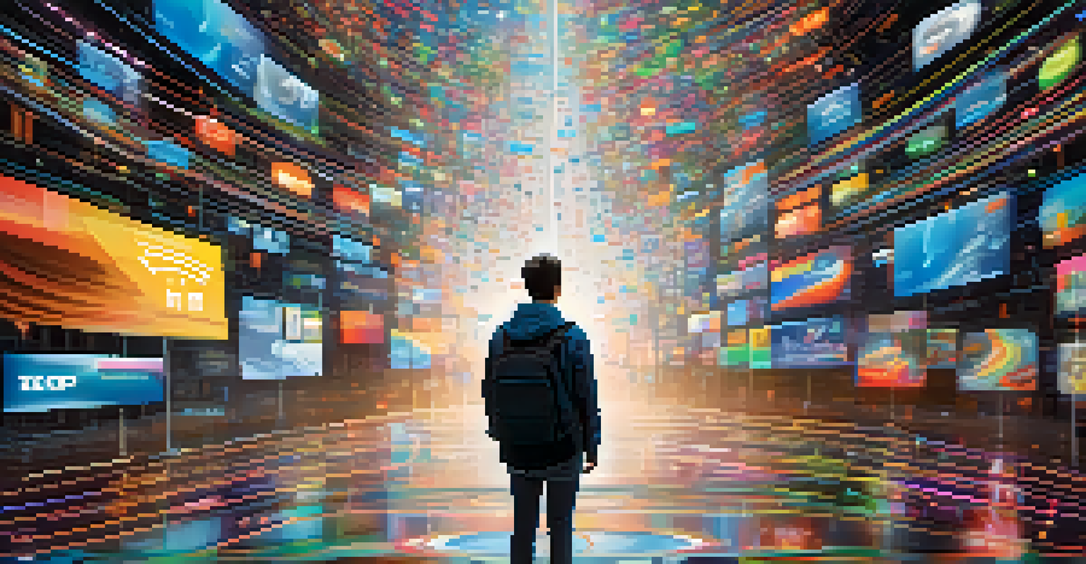 A person in a virtual market surrounded by colorful digital ads, protected by a glowing digital privacy shield.