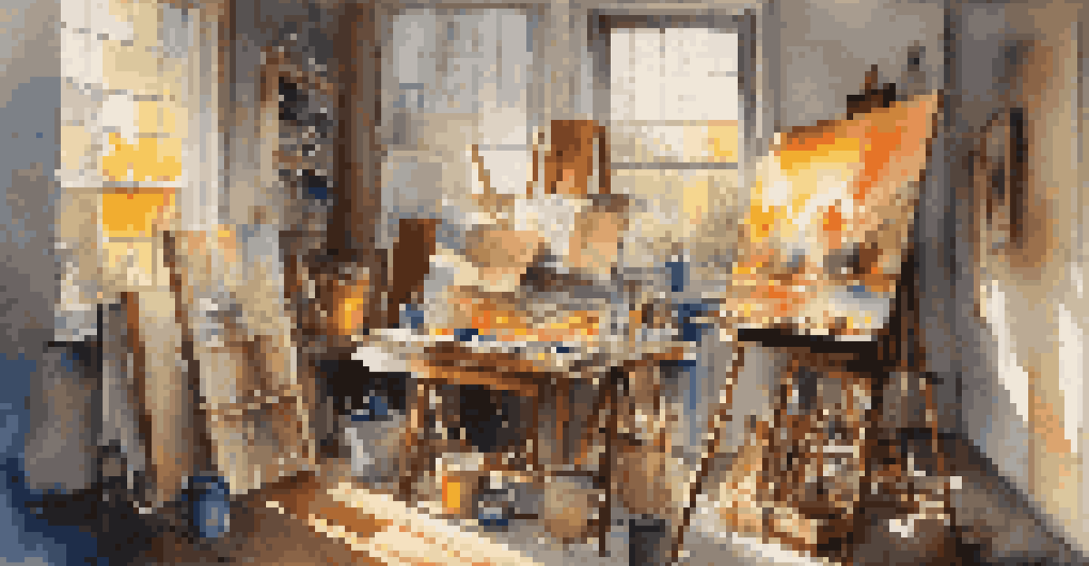 An artist's studio with colorful paints and brushes, featuring an easel with a painting and sunlight streaming in through windows.
