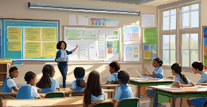 A teacher in a bright classroom using a laptop while students engage in group activities, creating a positive learning atmosphere.
