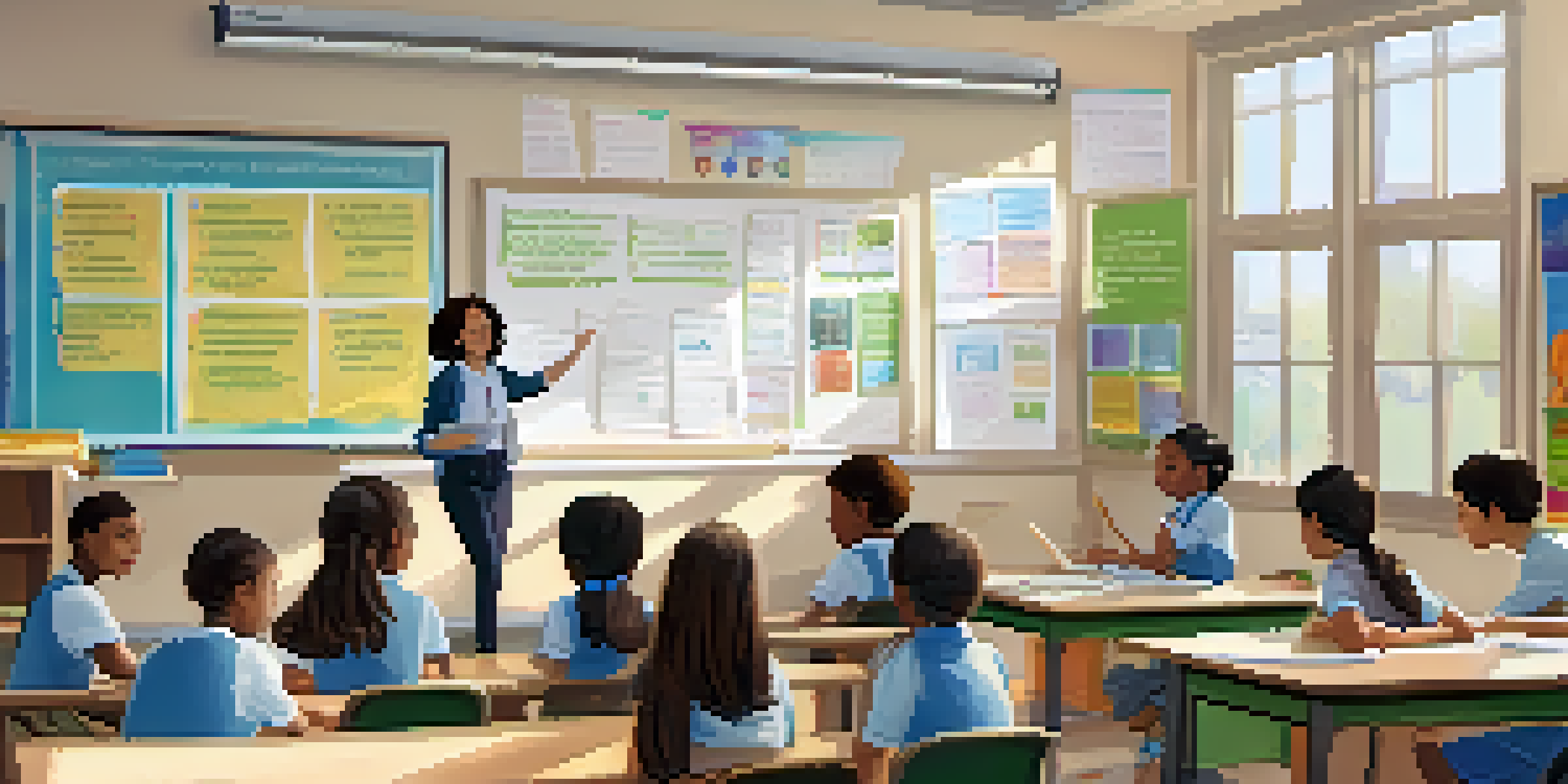 A teacher in a bright classroom using a laptop while students engage in group activities, creating a positive learning atmosphere.