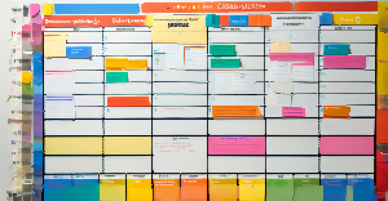 A close-up of a Scrum board with colorful task cards organized into columns, and a timer for a daily stand-up meeting.