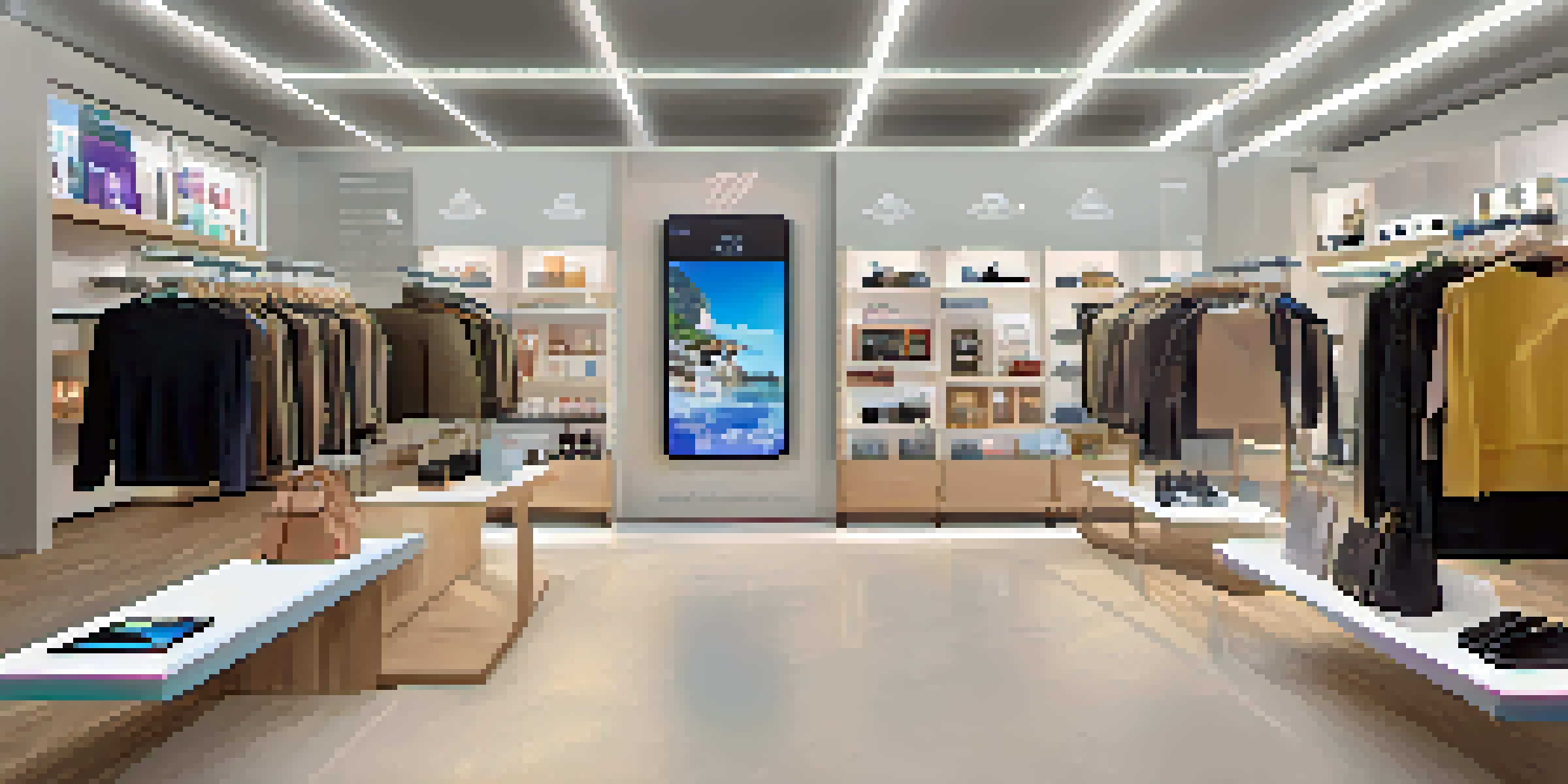 A modern retail store interior with customers using augmented reality to interact with products.
