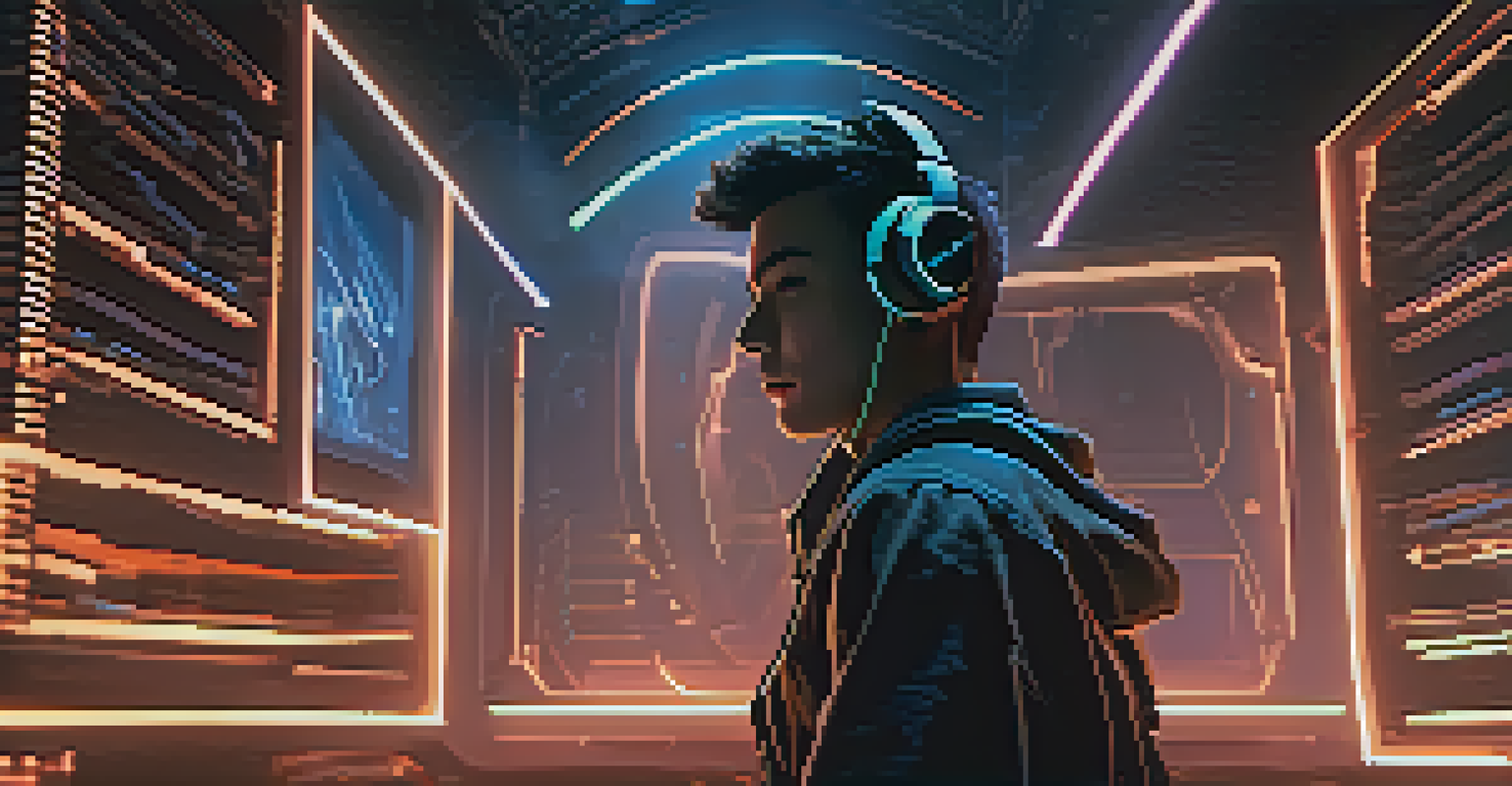 A gamer immersed in a futuristic room, wearing headphones with glowing lights, surrounded by visual sound waves.