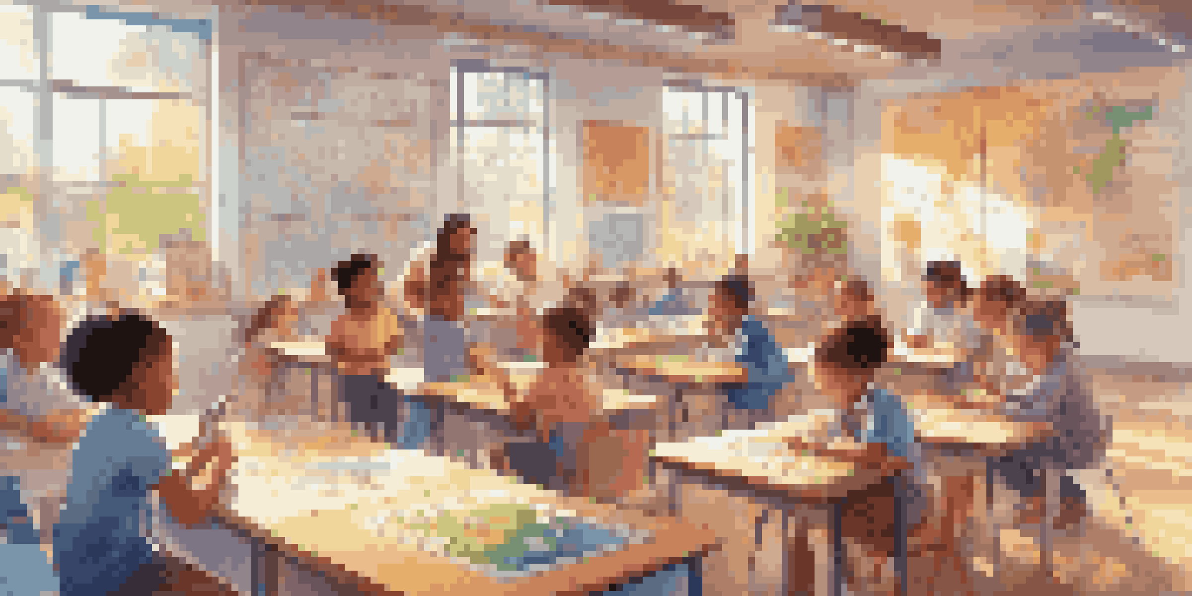 A lively classroom where children are participating in gamified learning, with colorful decorations and collaborative activities.