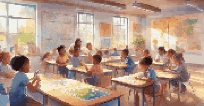 A lively classroom where children are participating in gamified learning, with colorful decorations and collaborative activities.