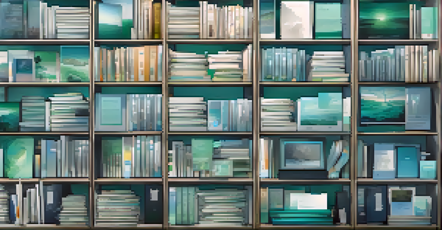 An organized digital asset library with various media types represented as thumbnails, set against a calming blue-green gradient background.