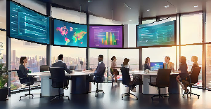 A diverse group of professionals in a modern office collaborating over data visualizations on large screens with natural light coming through windows.