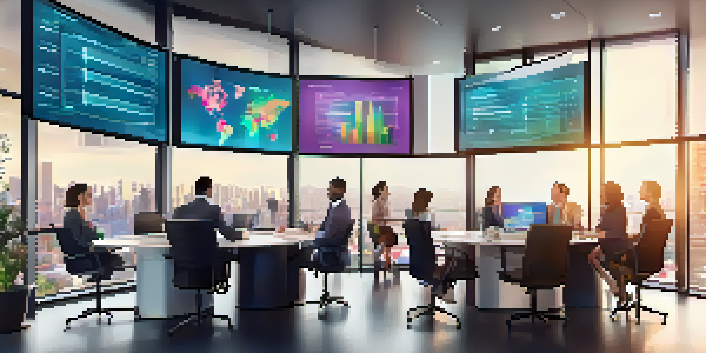 A diverse group of professionals in a modern office collaborating over data visualizations on large screens with natural light coming through windows.