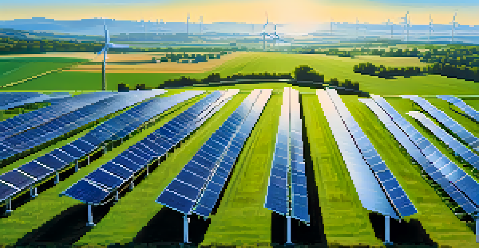 A renewable energy farm with solar panels and wind turbines set against a clear blue sky and green fields.