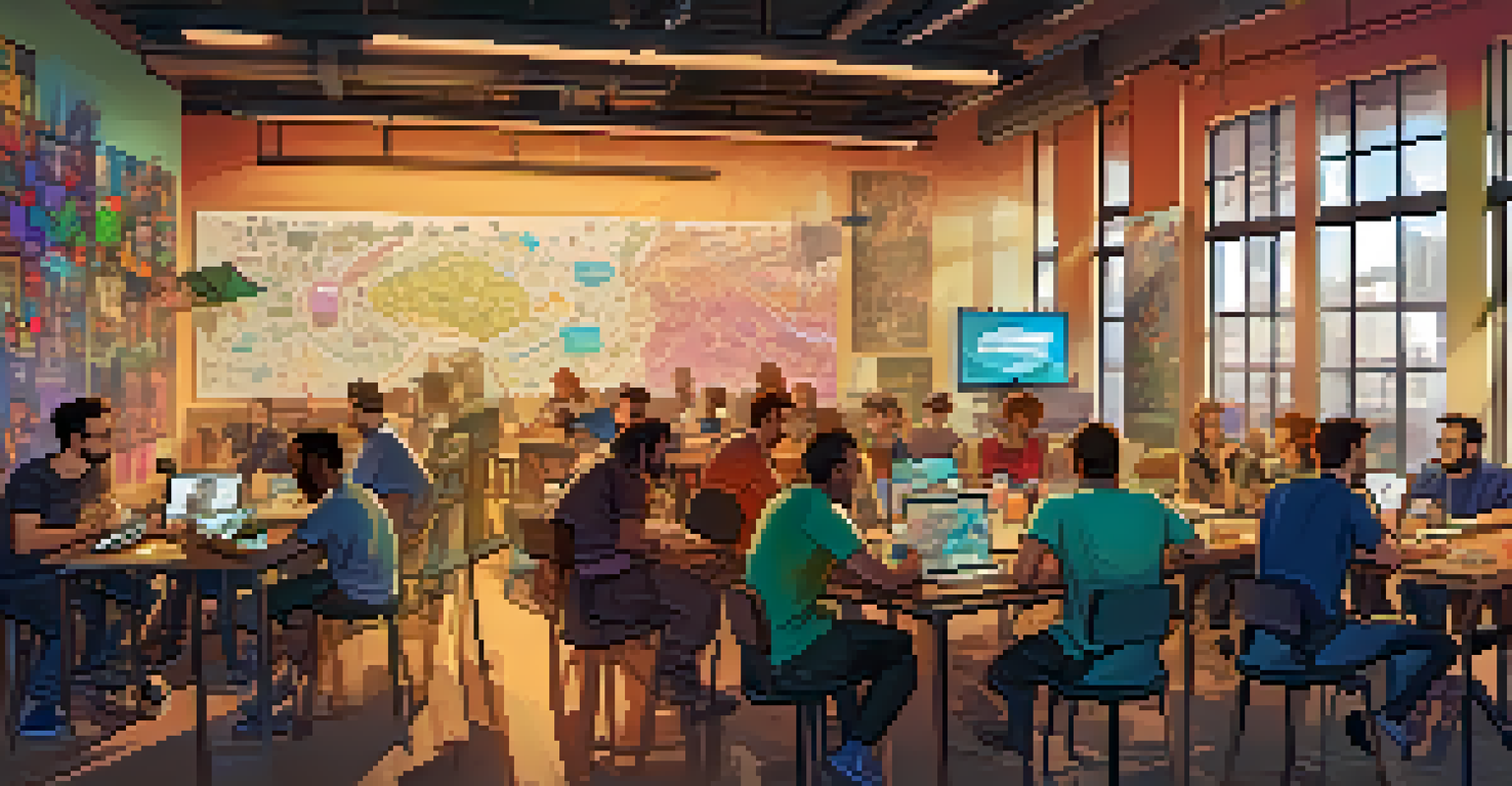 A diverse group of indie game developers brainstorming ideas in a workshop, with sketches and laptops on a table, surrounded by colorful game art on the walls.