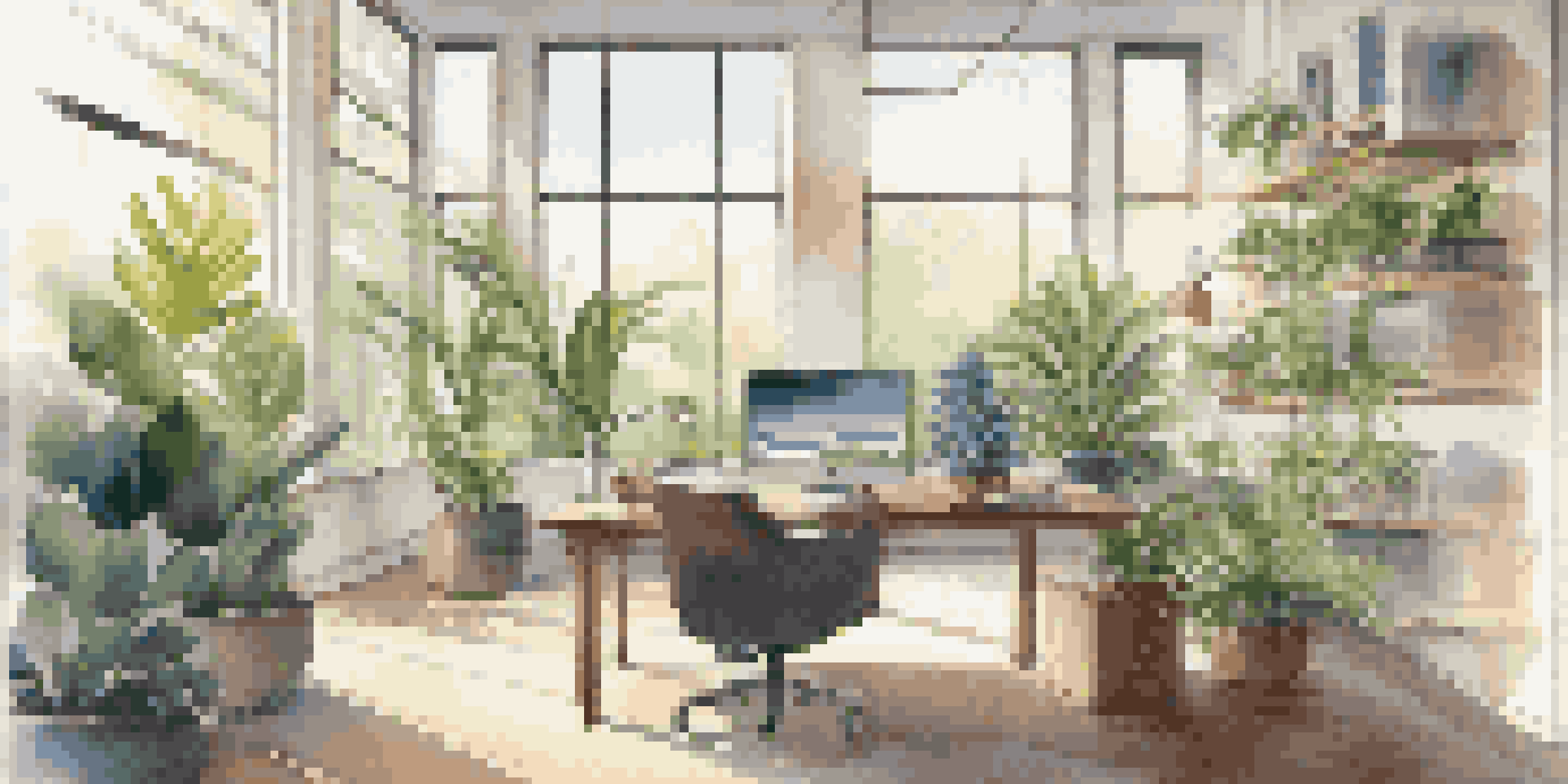 A modern office space with a desk, laptop, and indoor plants, illuminated by natural light from large windows.