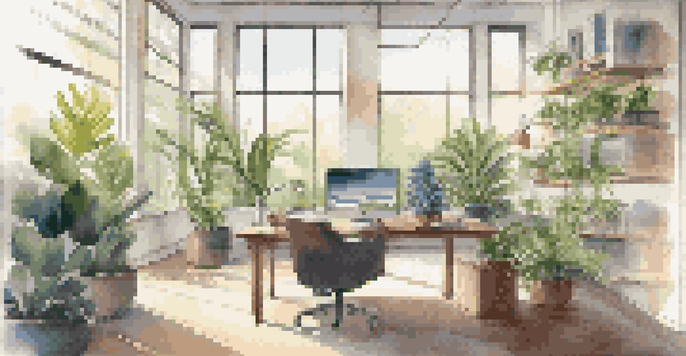 A modern office space with a desk, laptop, and indoor plants, illuminated by natural light from large windows.