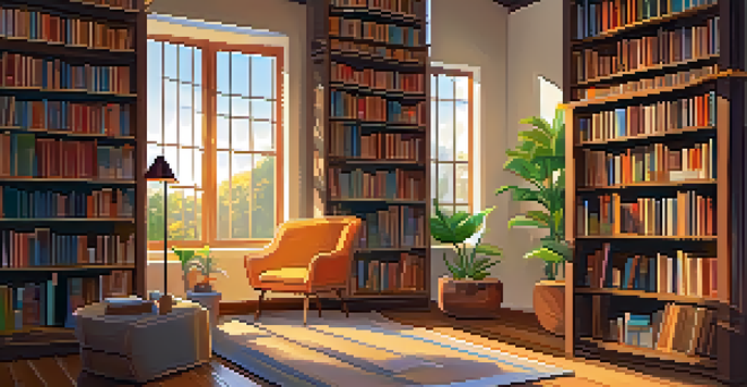 A cozy library with sunlight shining through windows, illuminating bookshelves and a reading nook.