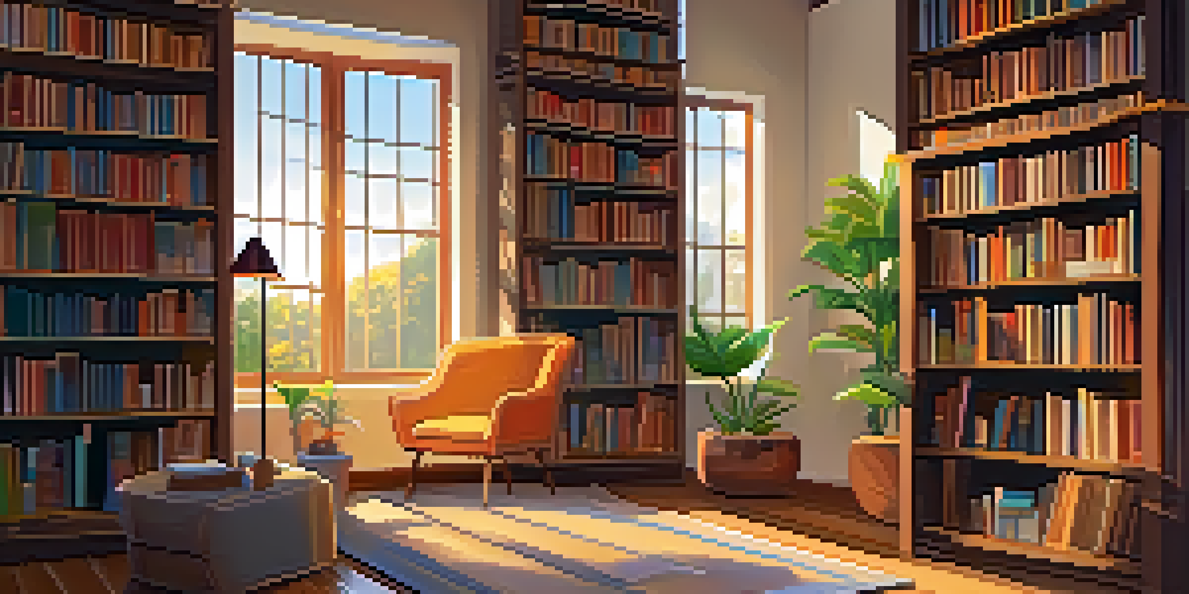 A cozy library with sunlight shining through windows, illuminating bookshelves and a reading nook.
