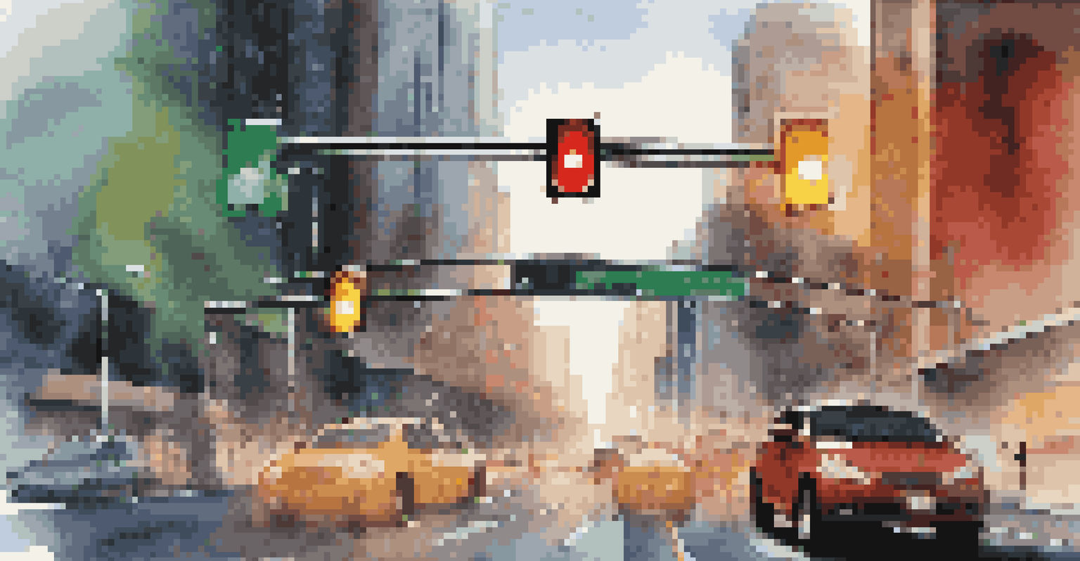 A close-up of a smart traffic light system with sensors and cameras, set in a busy urban environment under bright sunlight.