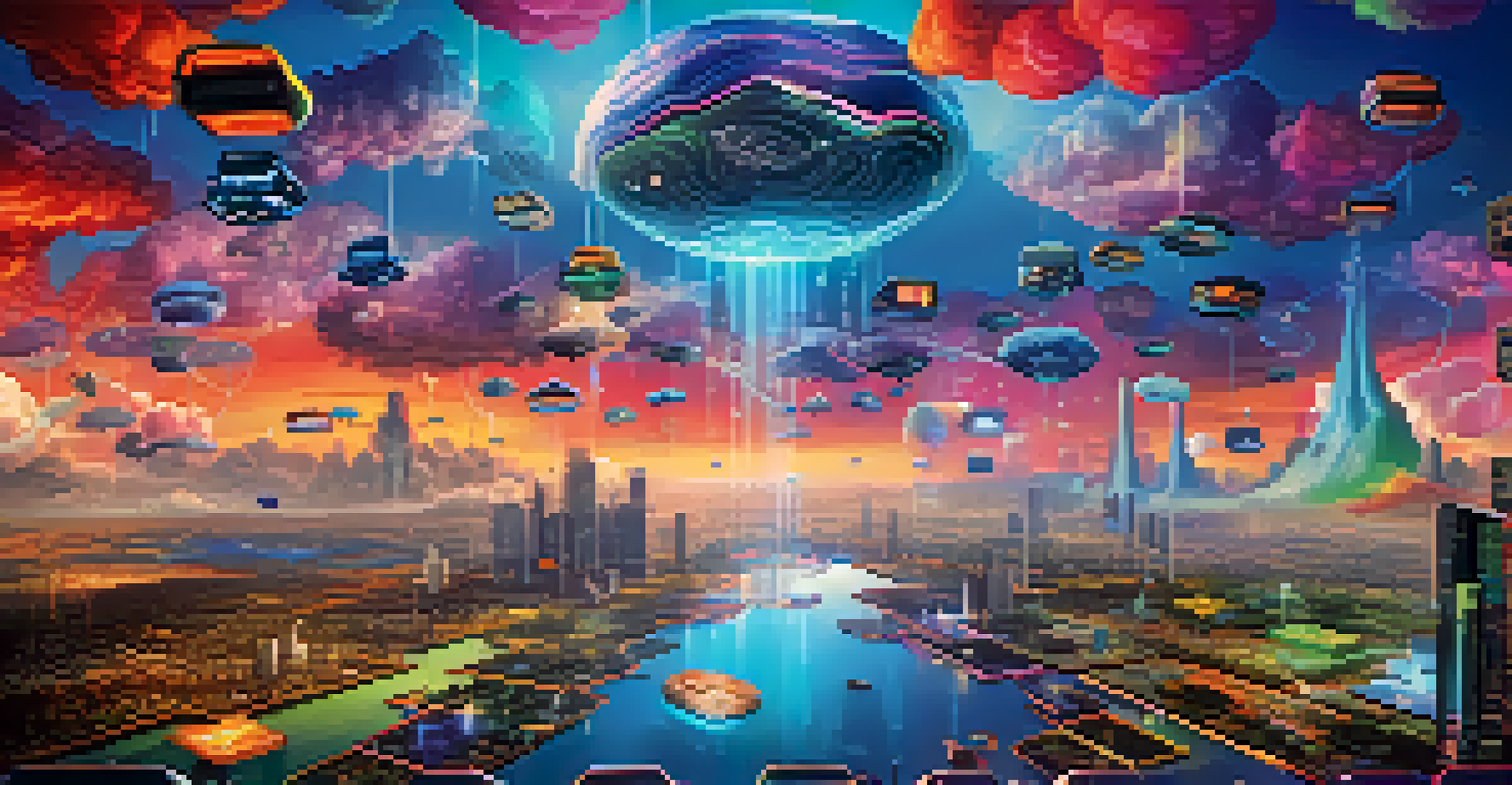 A digital landscape illustrating cloud gaming with server icons and vibrant game elements, symbolizing innovation.