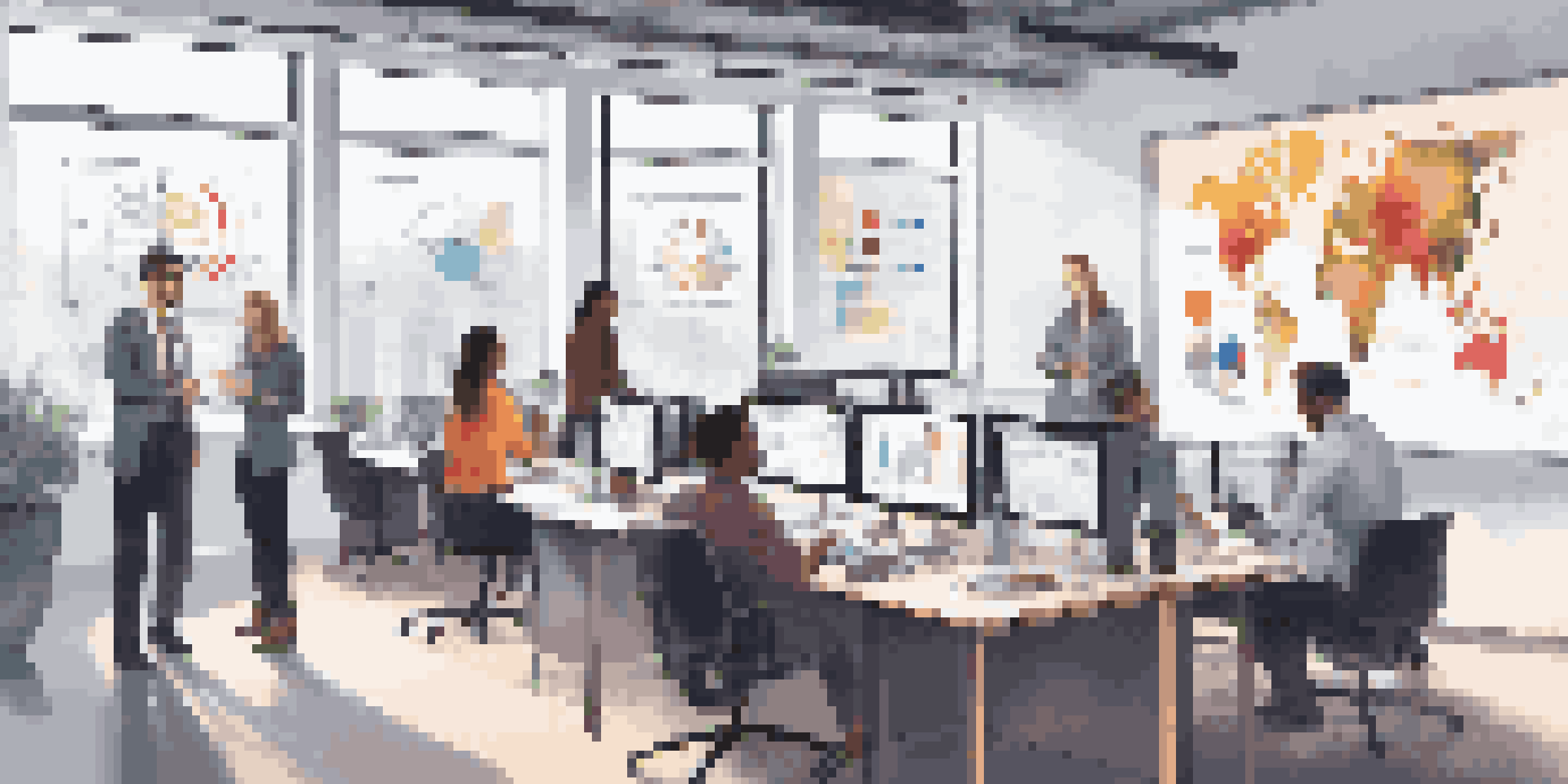 A diverse team of data scientists working together in a bright modern office, analyzing colorful data visualizations on a large screen.