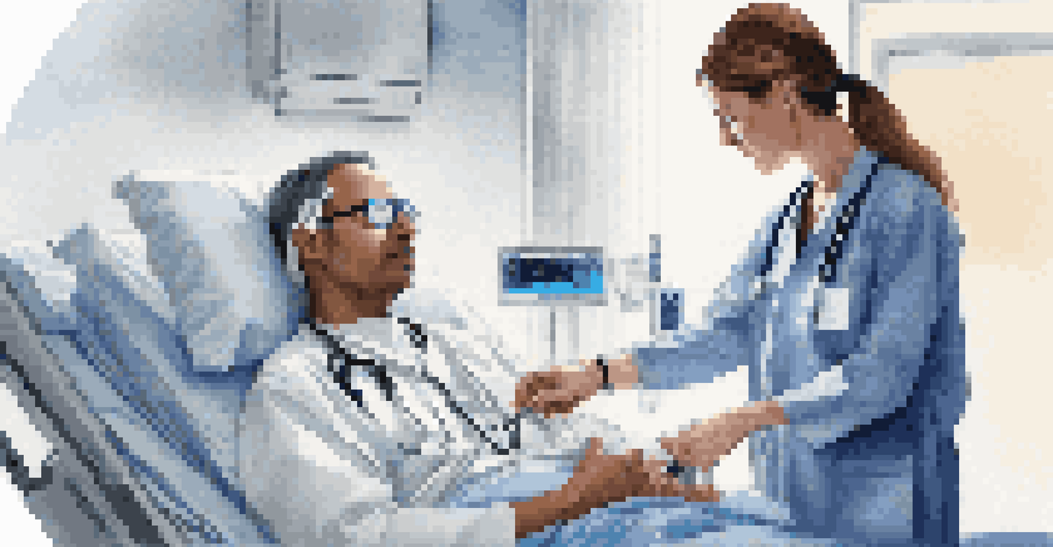 A healthcare professional checking a patient with a wearable device in a modern hospital room.