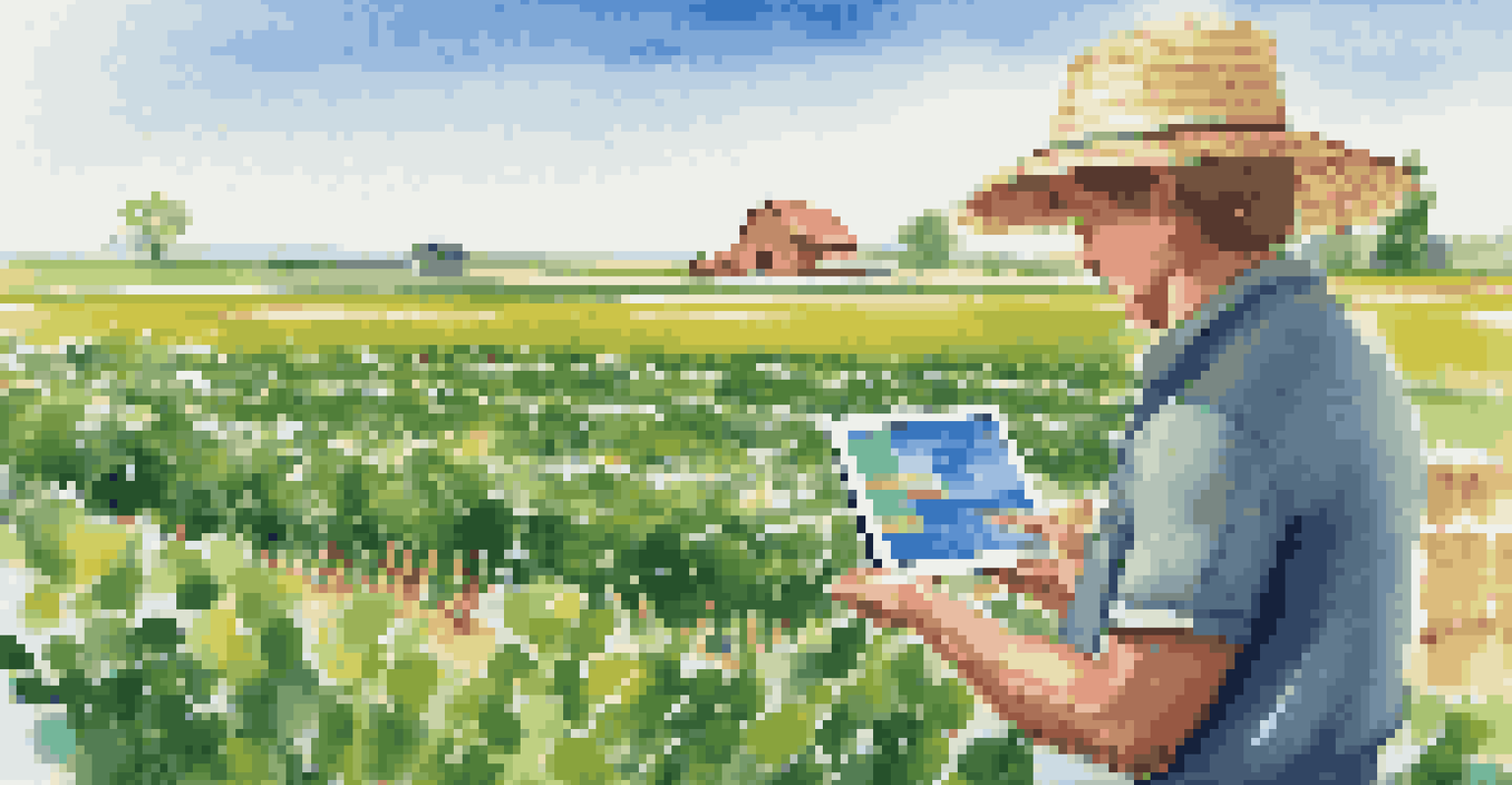 A farmer in an agricultural field using a tablet to monitor crops with connected sensors under a clear blue sky.