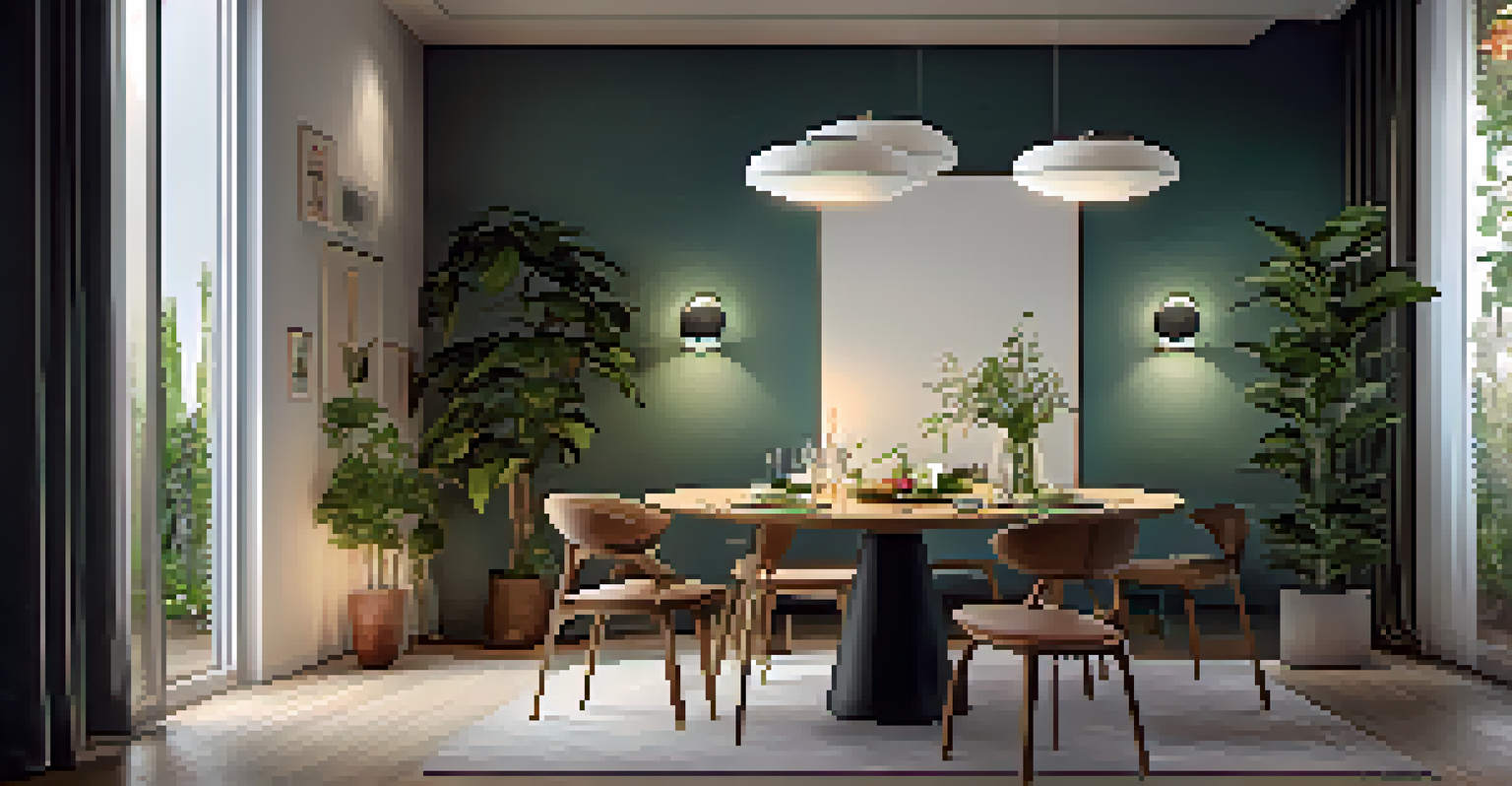 An elegant dining area with a smart lighting system, featuring a dinner table and a user adjusting the ambiance with voice commands.